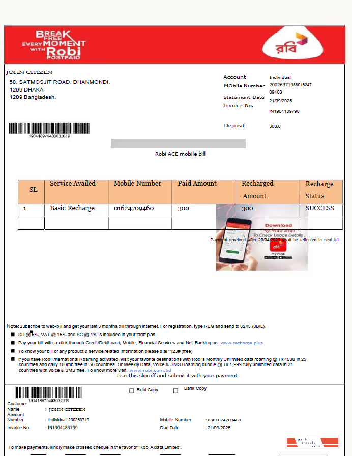Bangladesh Robi Axiata Limited utility bill template in Word and PDF formats